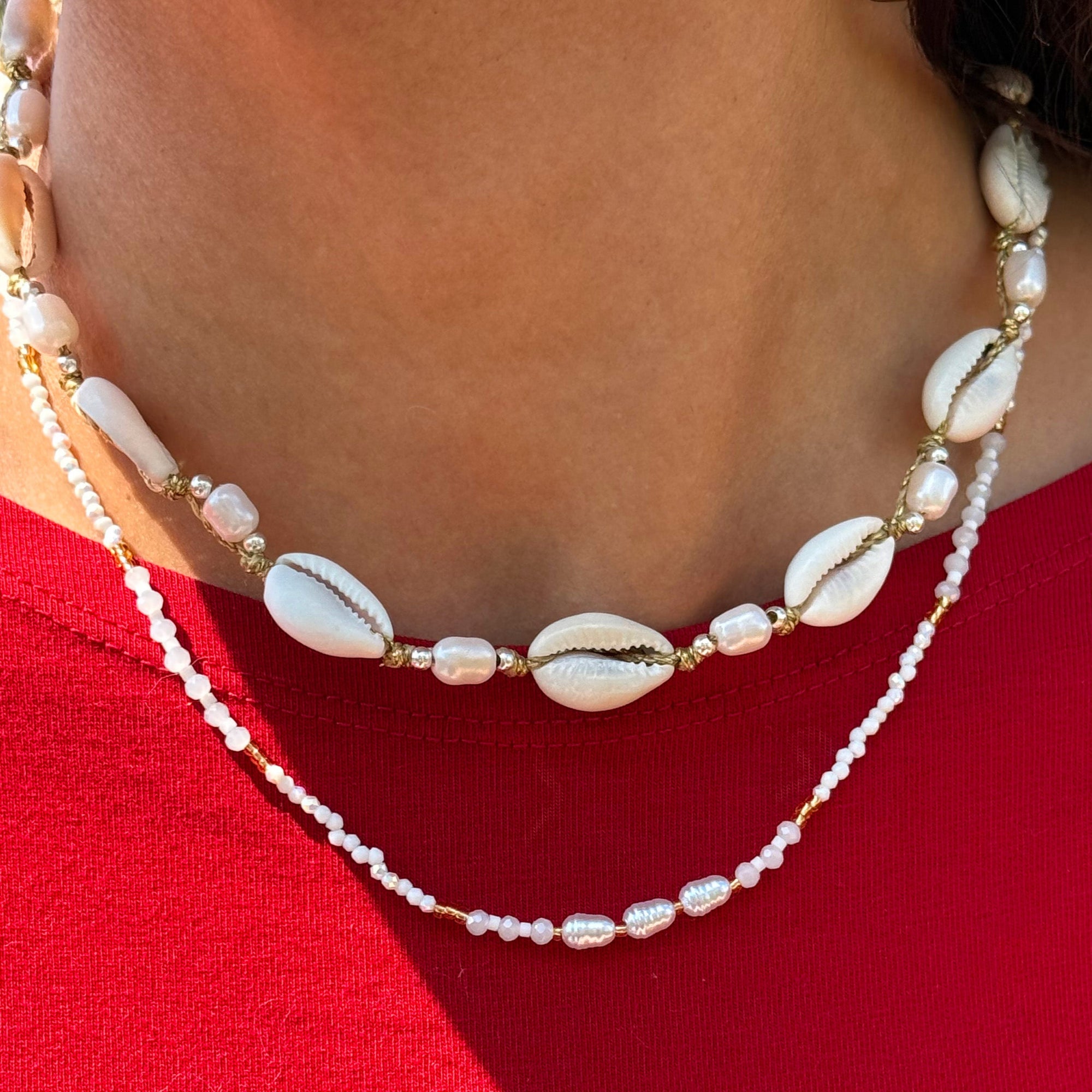 Adjustable Cowrie Shell and Pearl 15" Necklace