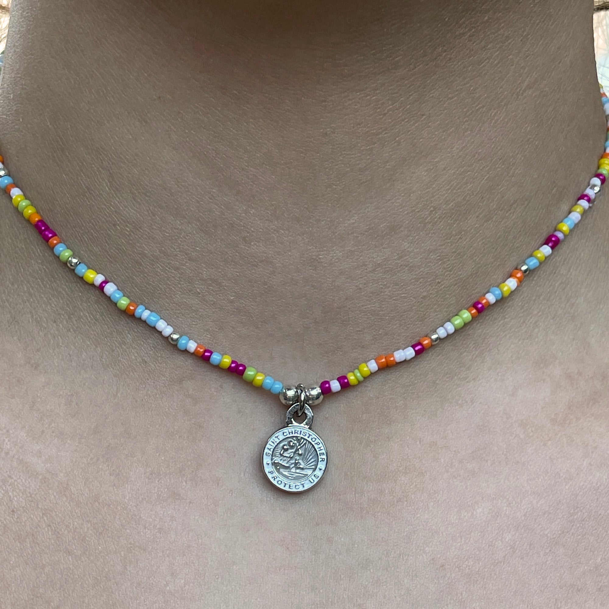 Seed Bead Saint Christopher Charm Necklace