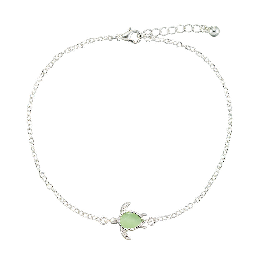 Silver Green Cats Eye Turtle Anklet