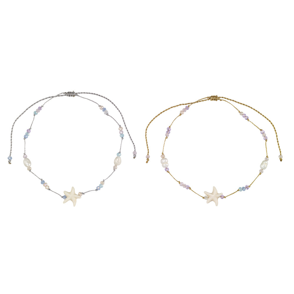 Starfish, Crystal, & Freshwater Pearl Metallic Adjustable Anklet