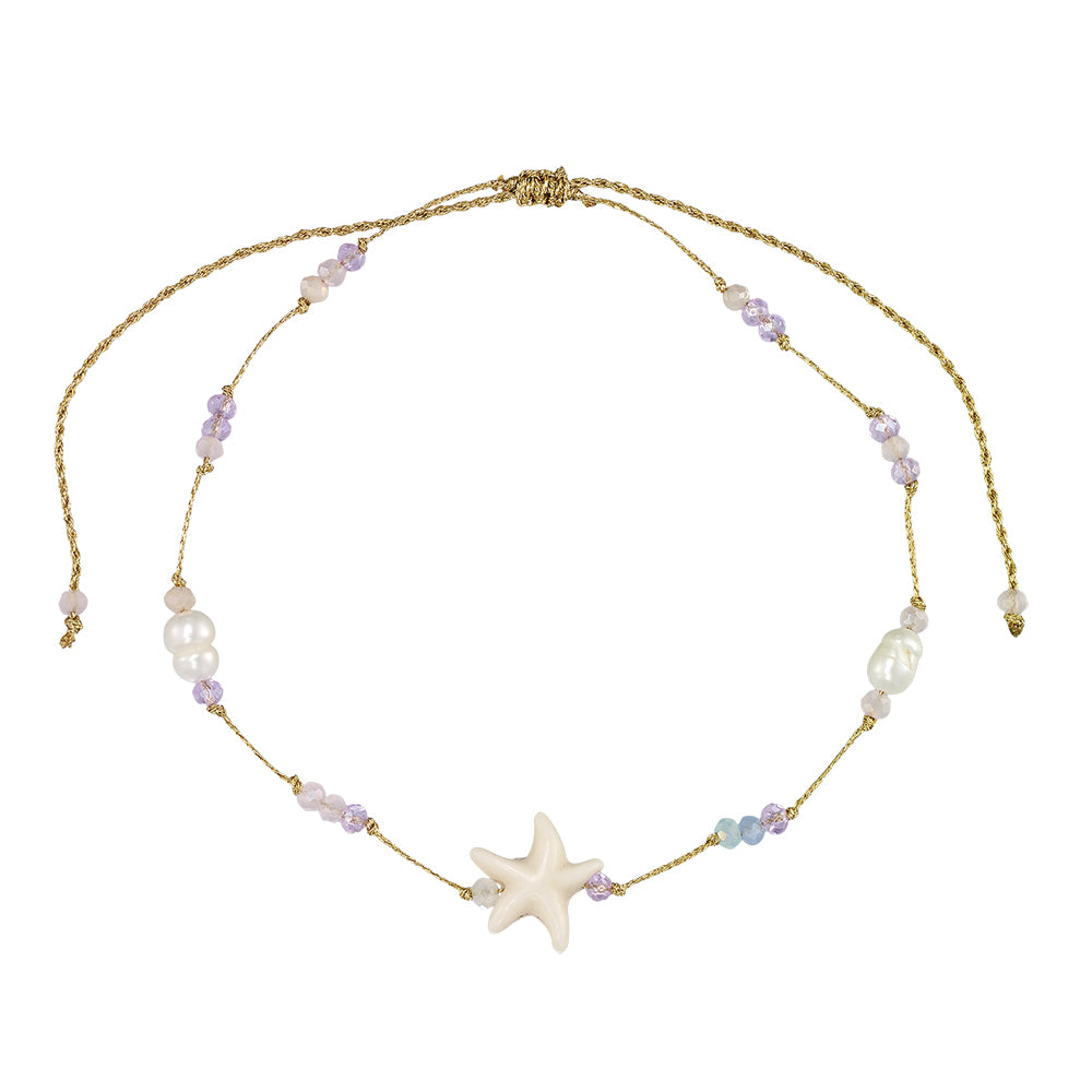 Starfish, Crystal, & Freshwater Pearl Metallic Adjustable Anklet