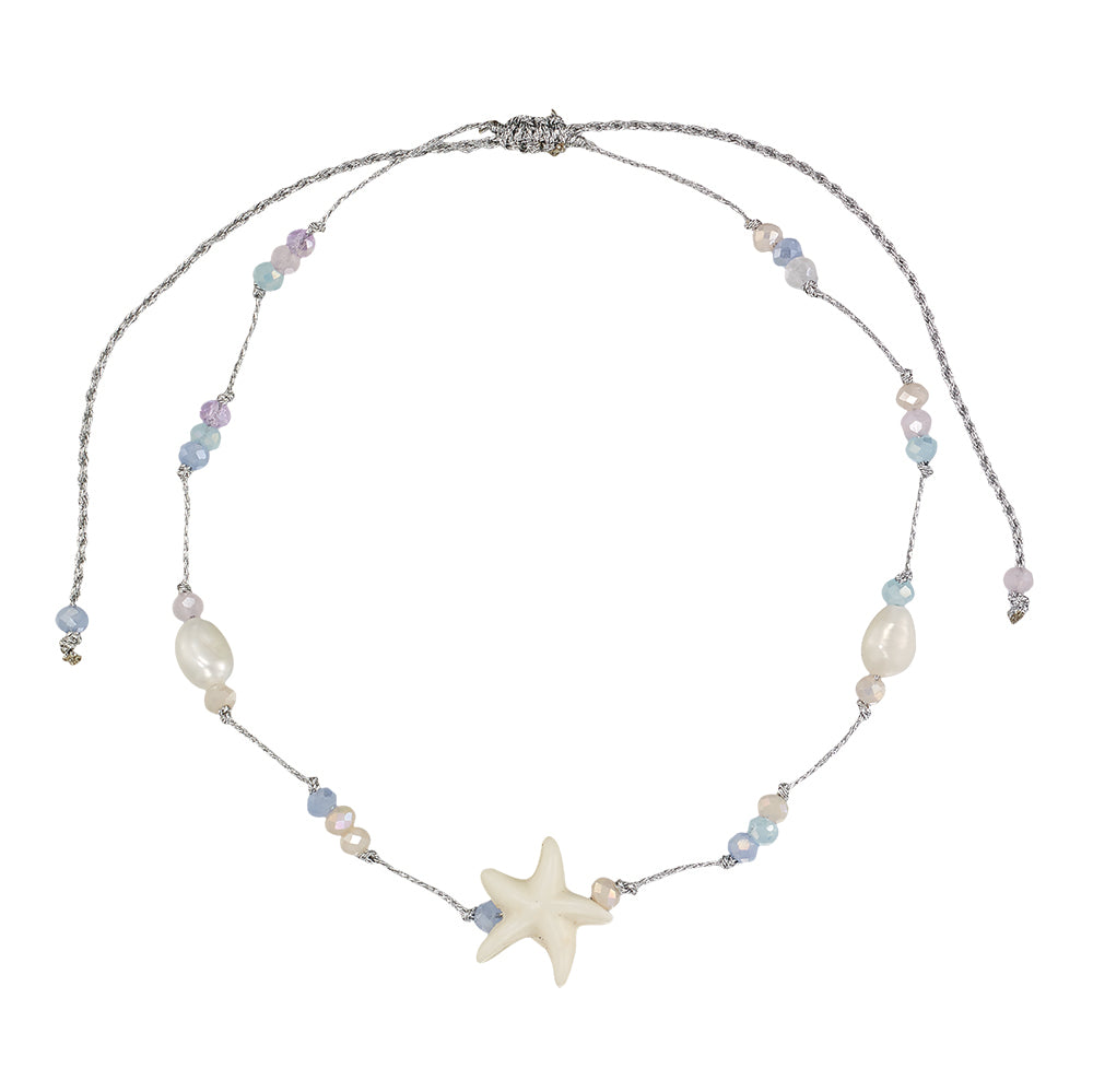 Starfish, Crystal, & Freshwater Pearl Metallic Adjustable Anklet
