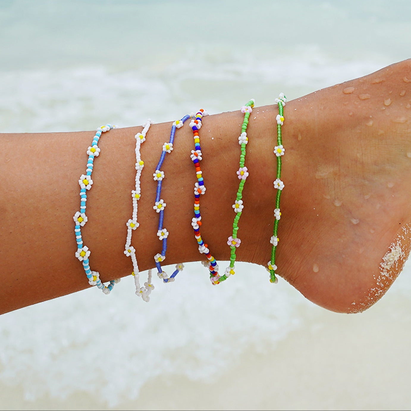 Handmade Seed Bead Daisy Stretch Anklet