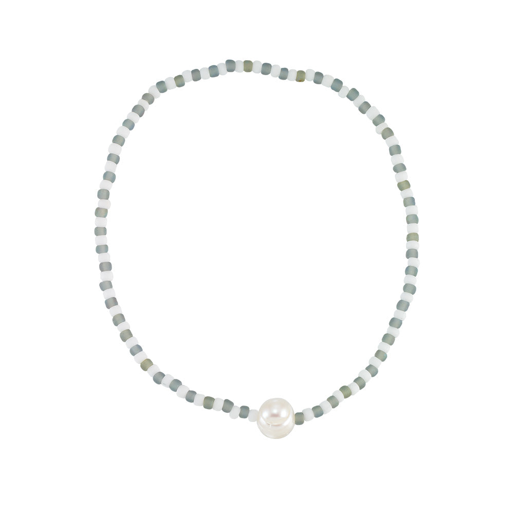 Frosted Stripe Seed Bead &amp; Fresh Water Pearl Anklet