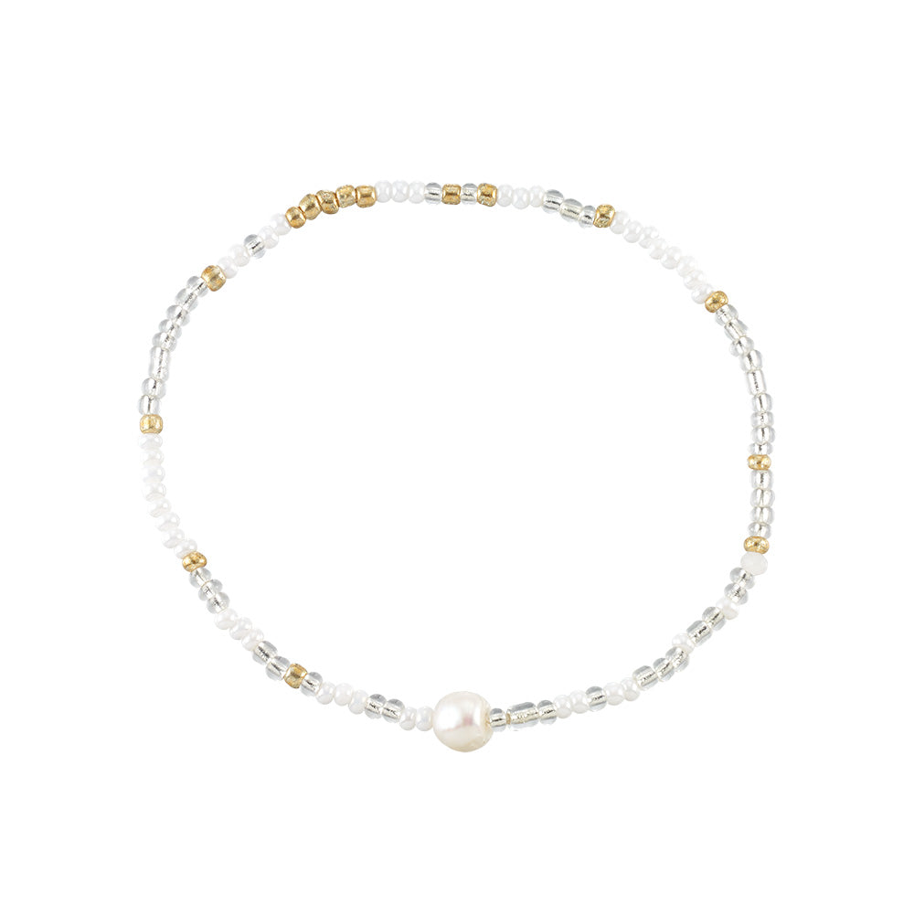 Gold/White/Silver Seed Bead Freshwater Pearl Stretch Anklet