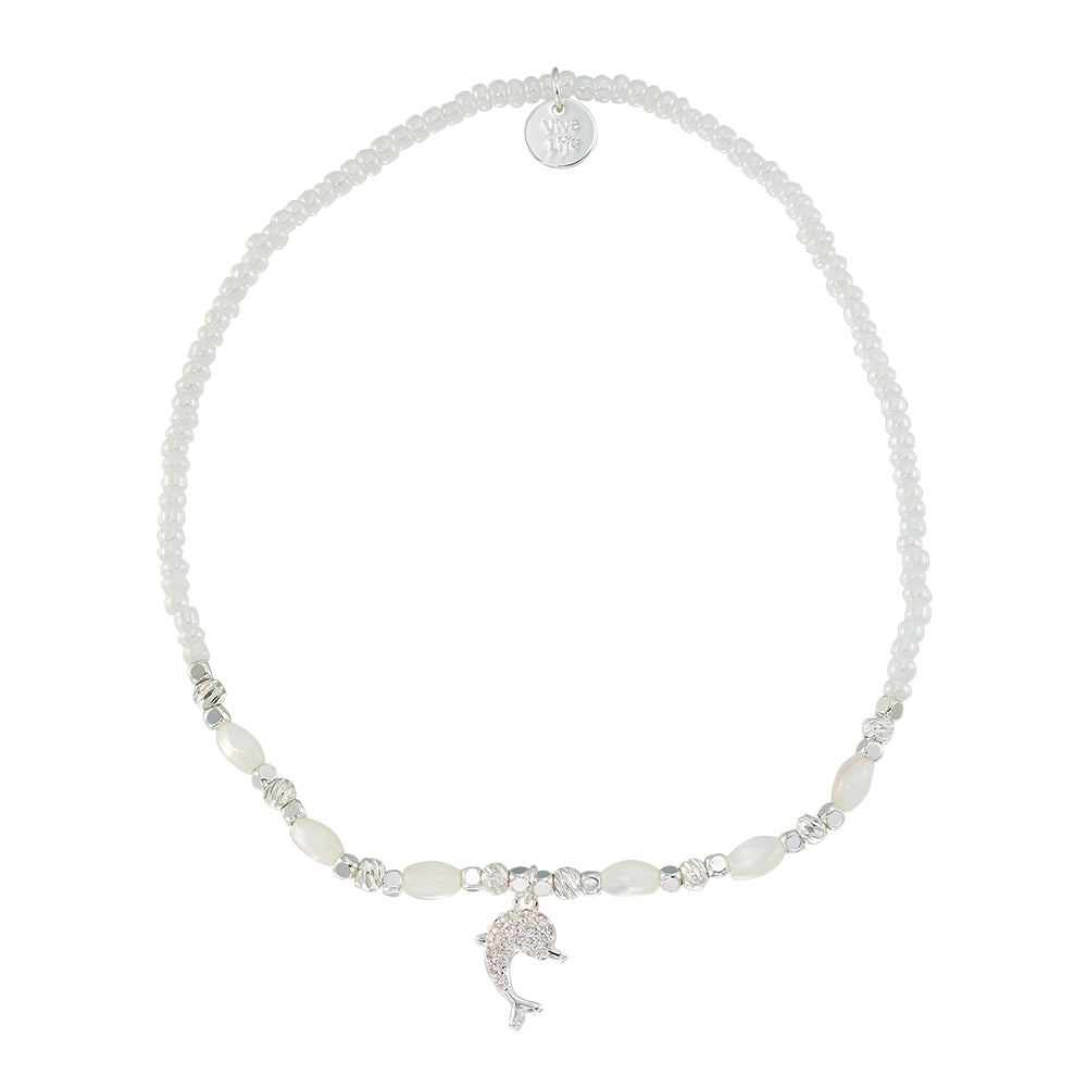 Crystal Dolphin Seedbead Mother of Pearl Stretch Anklet