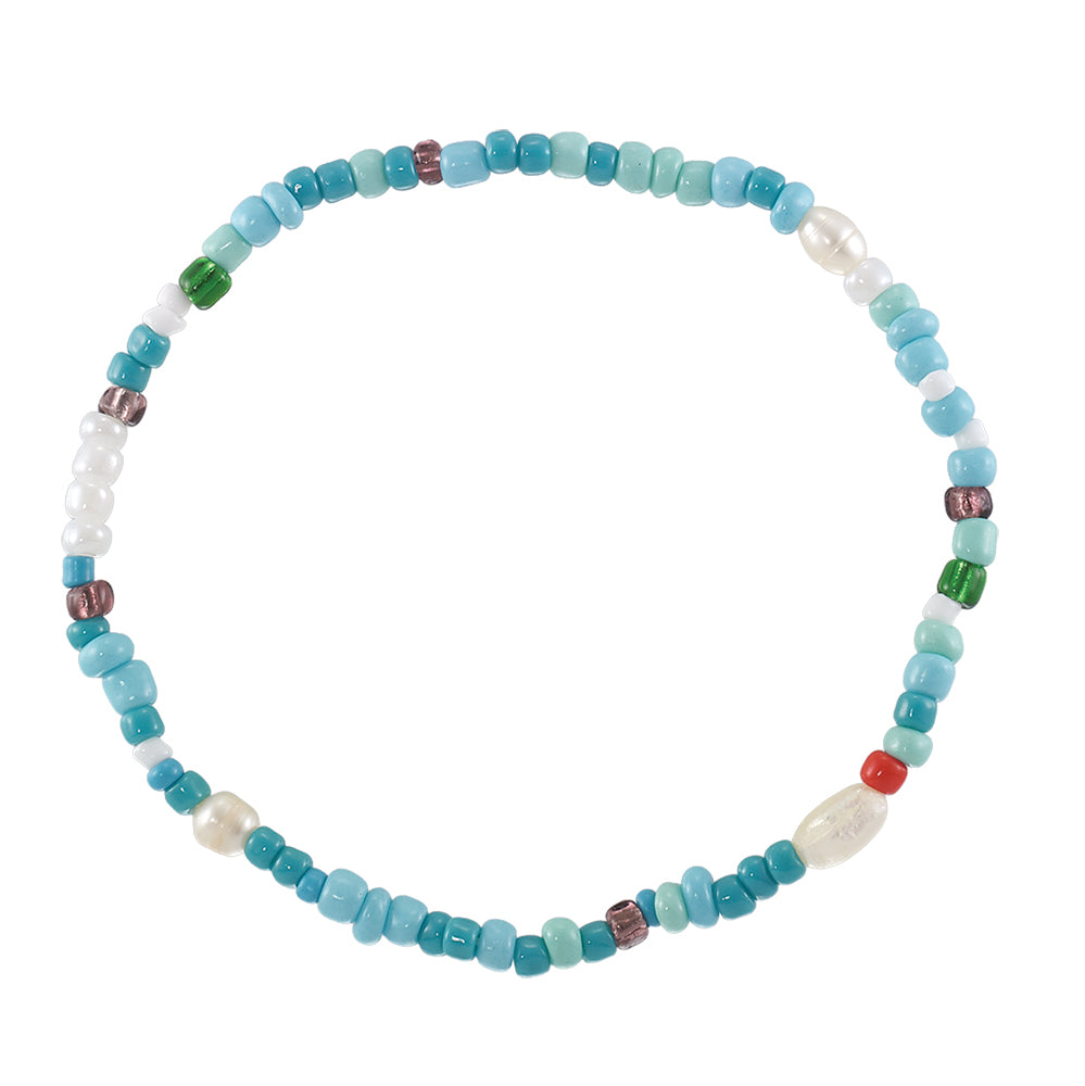 Multi Turquoise Seedbead & Pearl Stretch Anklet