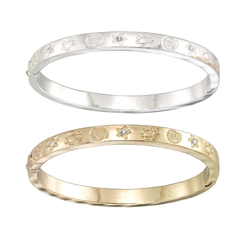 Crystal Turtle & Starfish Hinged Bangle Bracelet