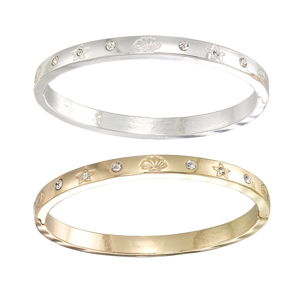Crystal Starfish & Shell Hinged Bangle Bracelet