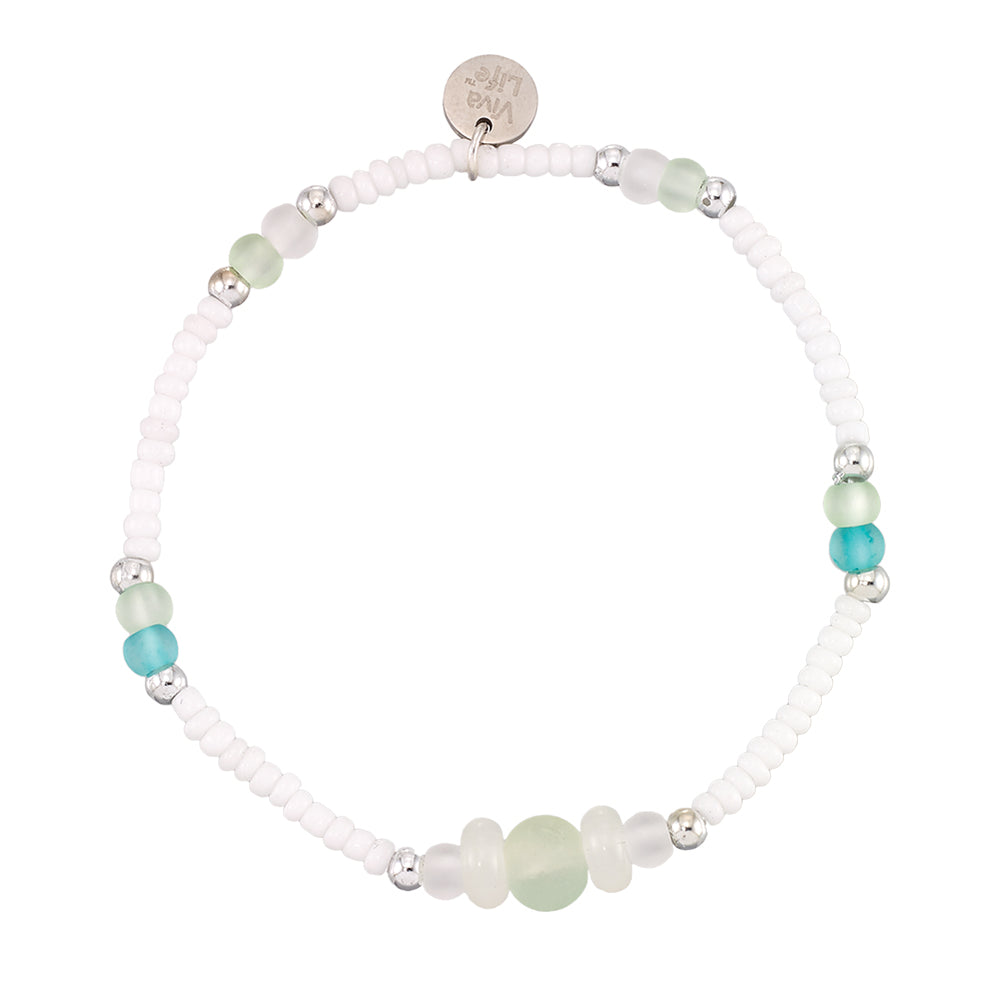 Frosted Glass Bead White Seedbead Stretch Bracelet
