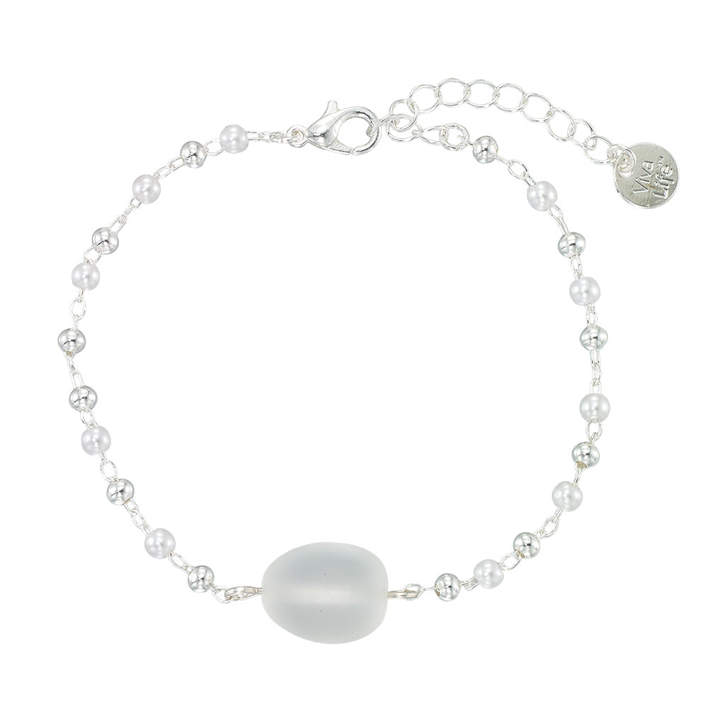 Silver Frosted Glass Bead & Pearl Bracelet