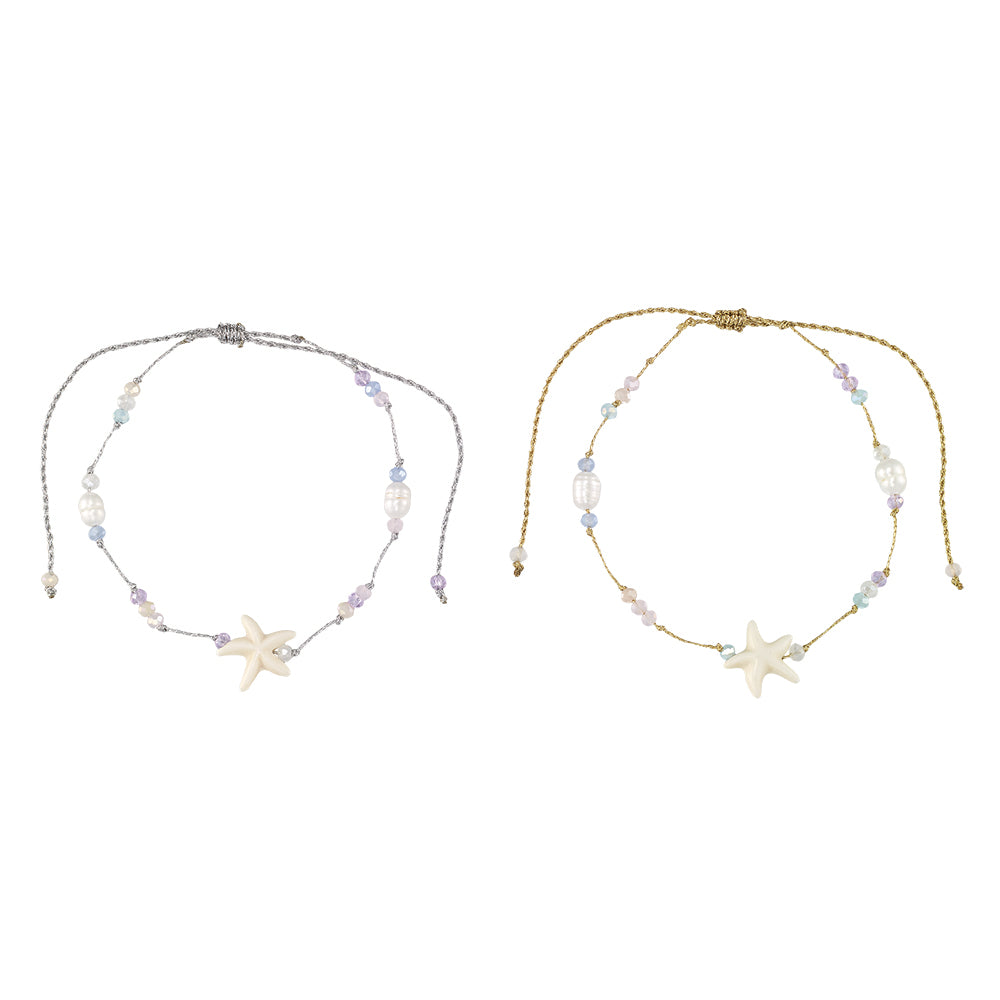 Starfish, Crystal, & Freshwater Pearl Metallic Adjustable Bracelet