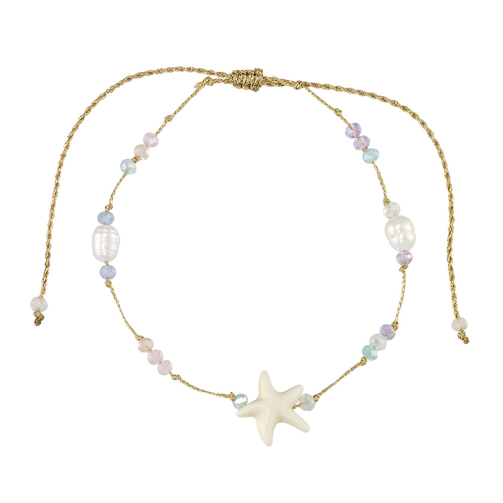 Starfish, Crystal, & Freshwater Pearl Metallic Adjustable Bracelet