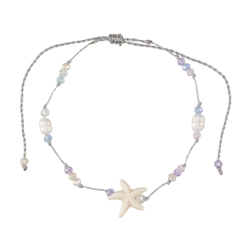 Starfish, Crystal, & Freshwater Pearl Metallic Adjustable Bracelet