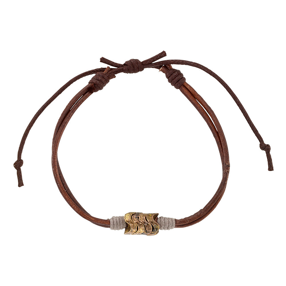 Brown and Black Leather Metal Bead Wave Bracelet