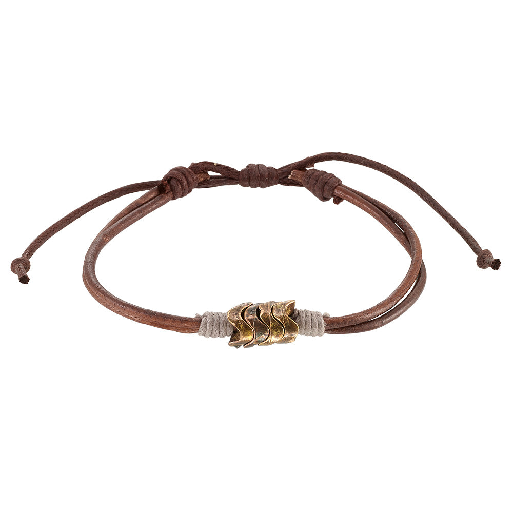 Brown and Black Leather Metal Bead Wave Bracelet