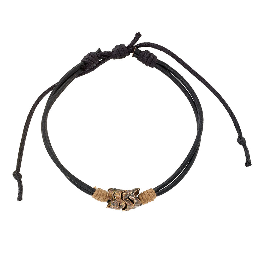 Brown and Black Leather Metal Bead Wave Bracelet