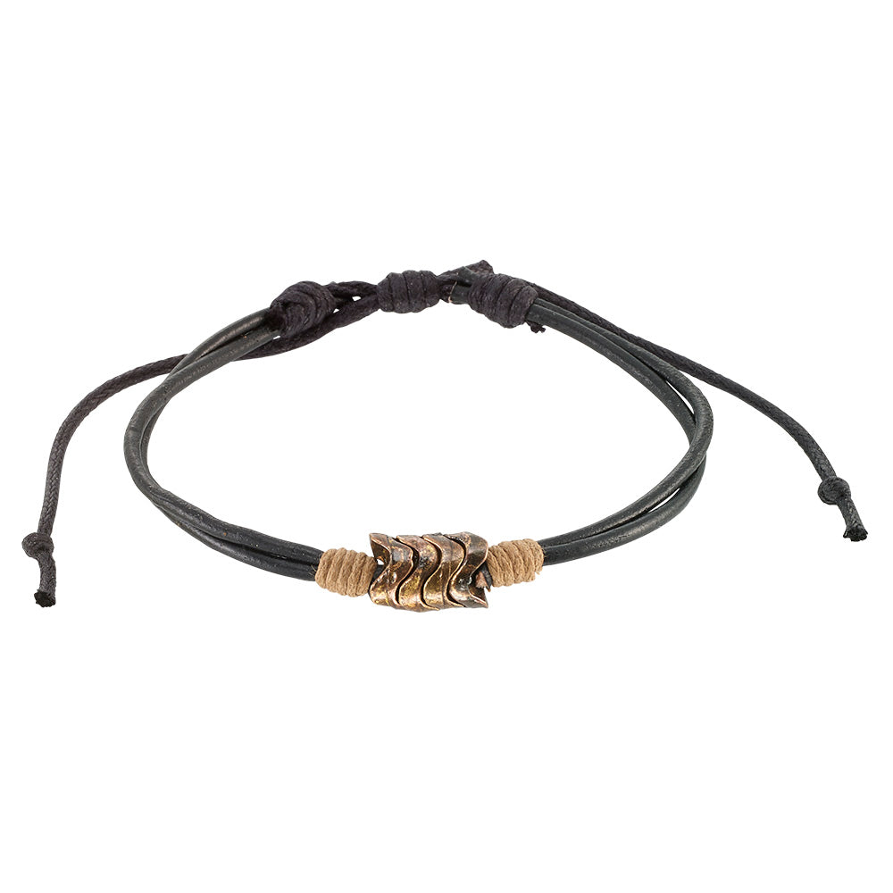 Brown and Black Leather Metal Bead Wave Bracelet