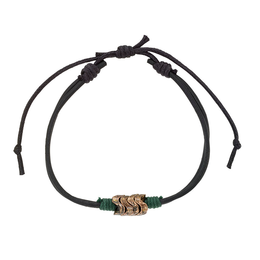 Brown and Black Leather Metal Bead Wave Bracelet