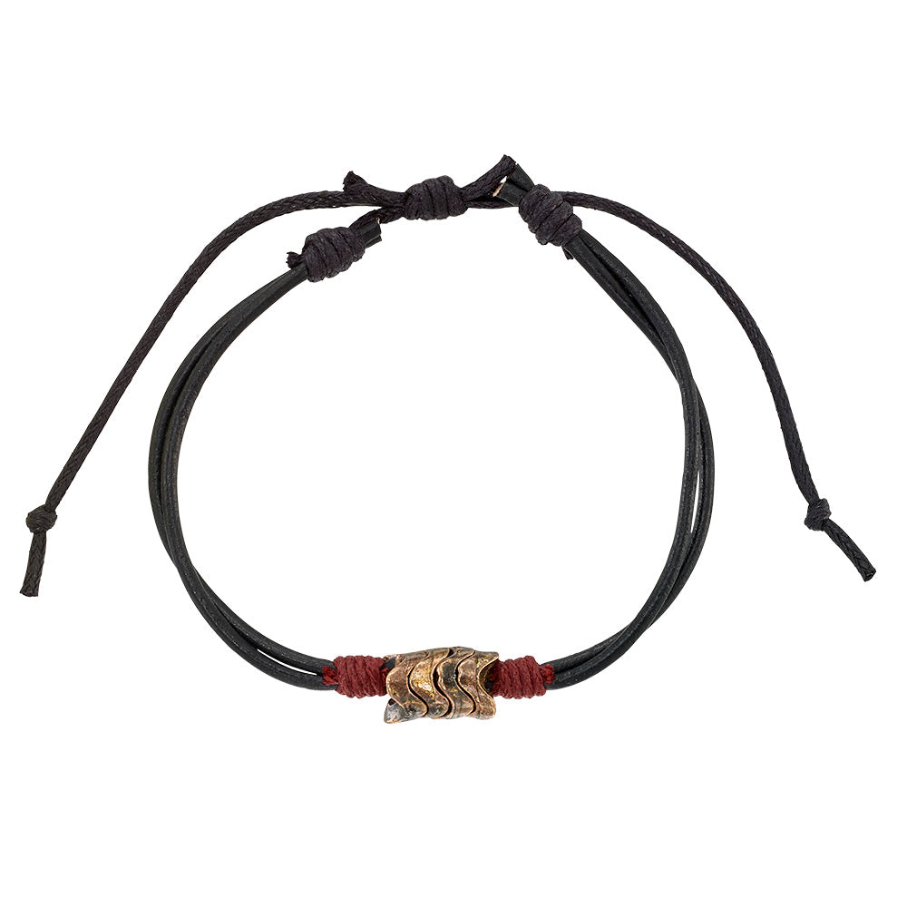 Brown and Black Leather Metal Bead Wave Bracelet