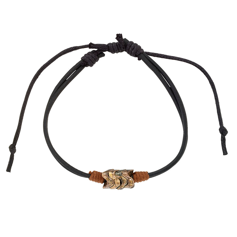 Brown and Black Leather Metal Bead Wave Bracelet