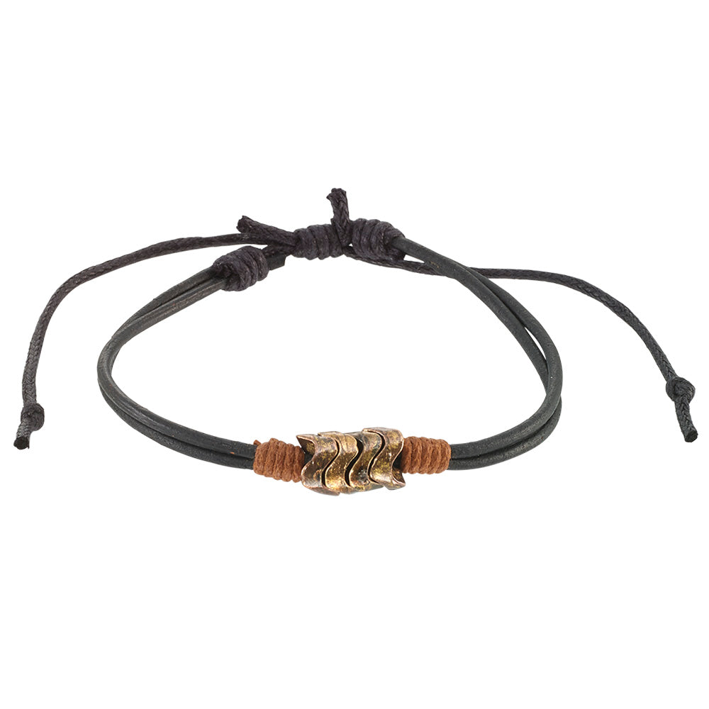 Brown and Black Leather Metal Bead Wave Bracelet