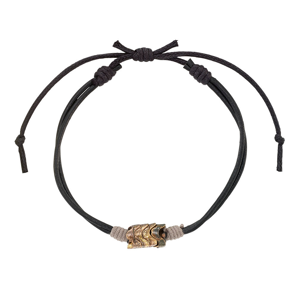 Brown and Black Leather Metal Bead Wave Bracelet