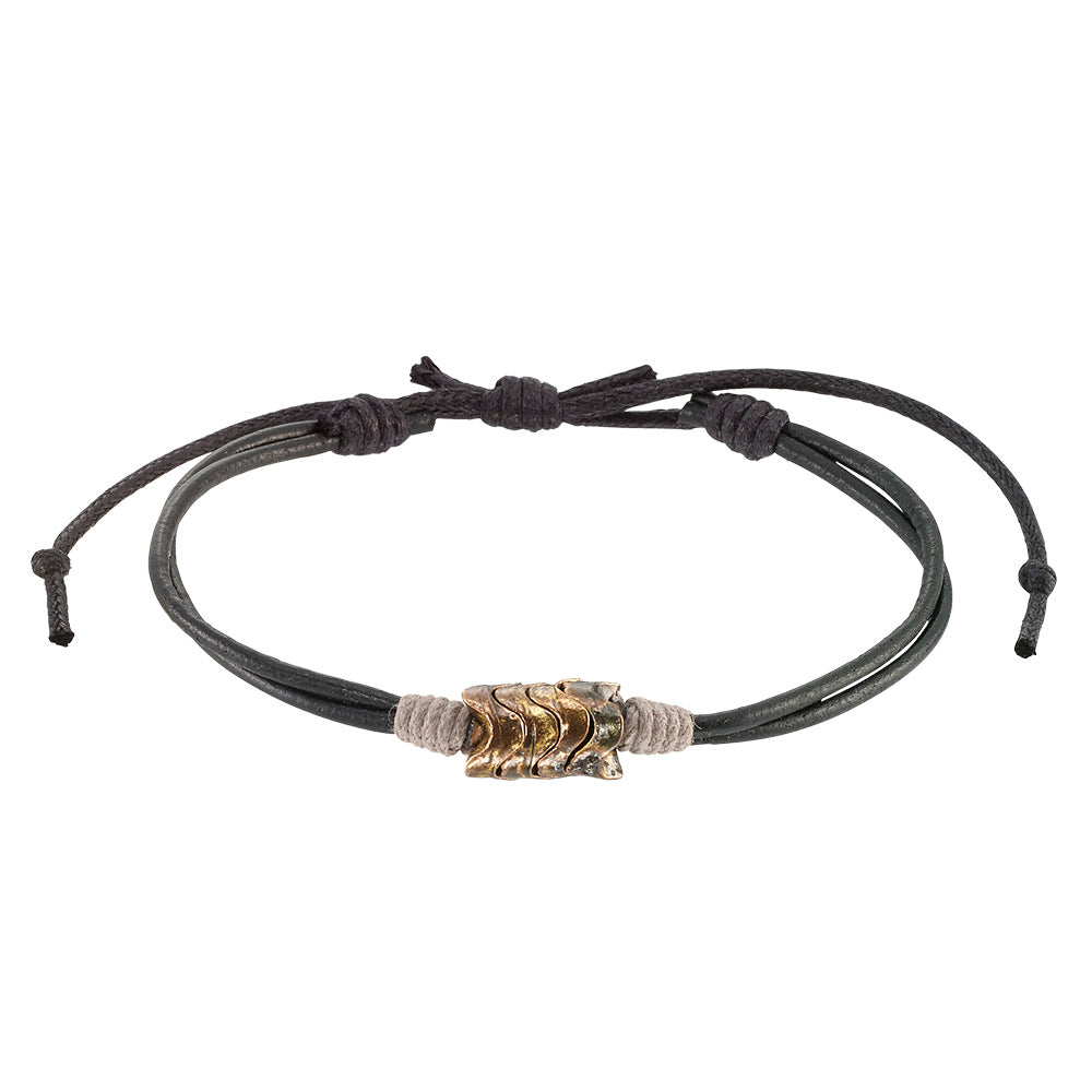 Brown and Black Leather Metal Bead Wave Bracelet