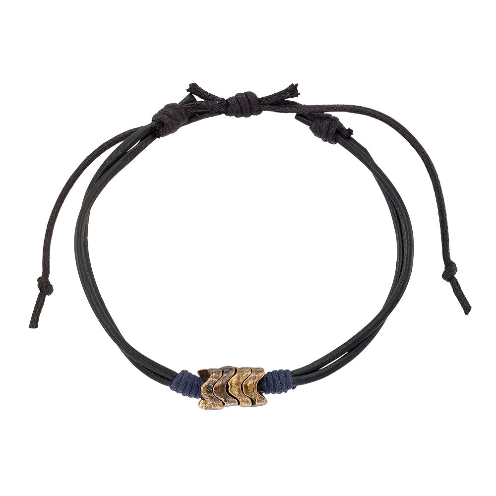 Brown and Black Leather Metal Bead Wave Bracelet