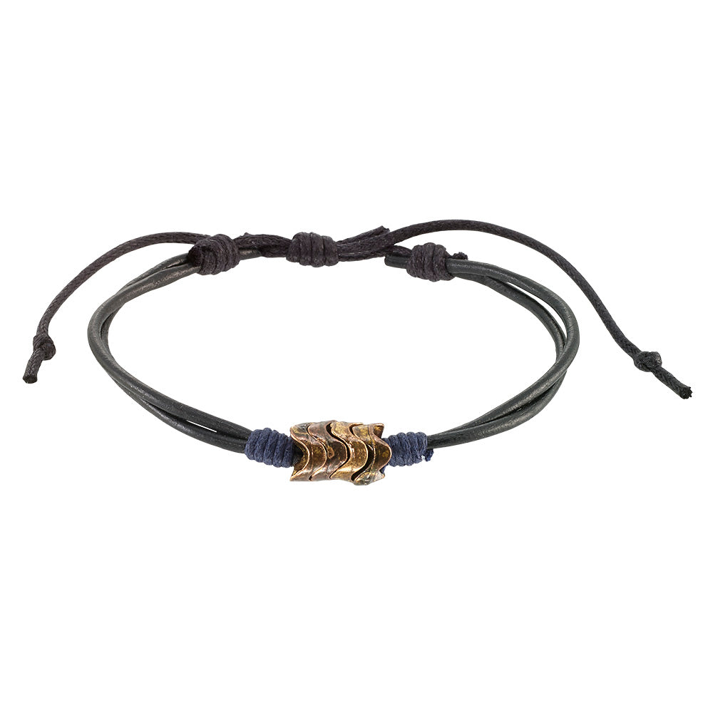 Brown and Black Leather Metal Bead Wave Bracelet