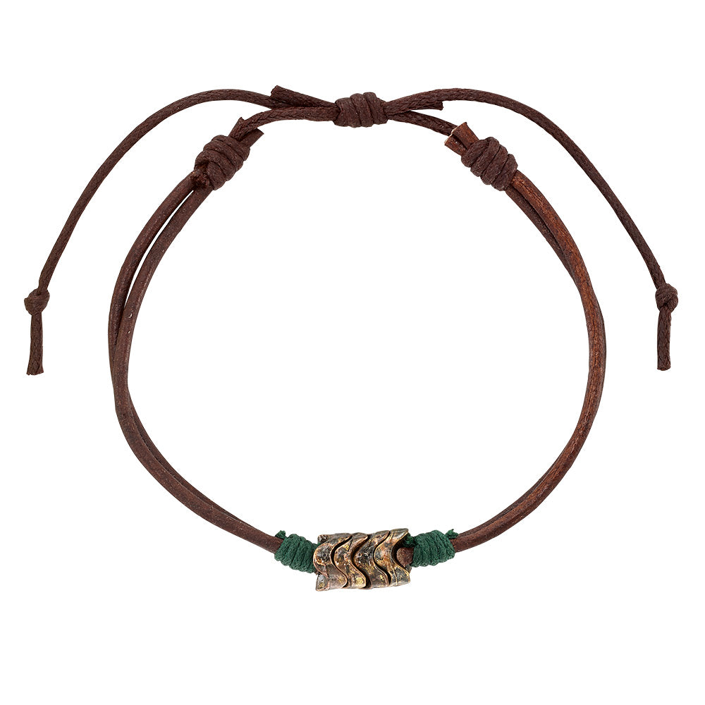 Brown and Black Leather Metal Bead Wave Bracelet