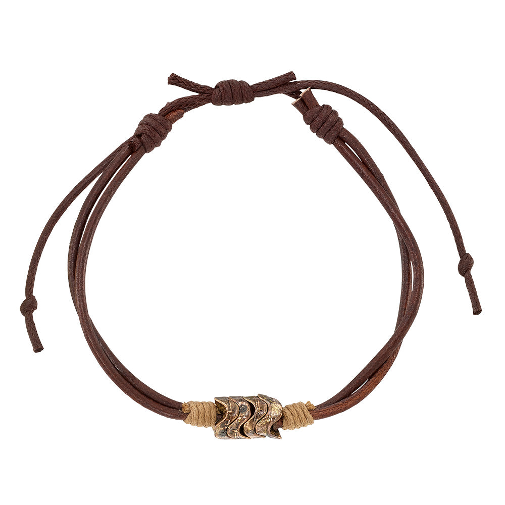 Brown and Black Leather Metal Bead Wave Bracelet