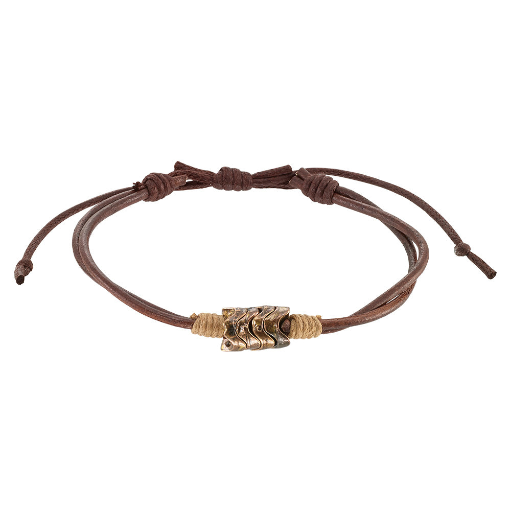 Brown and Black Leather Metal Bead Wave Bracelet