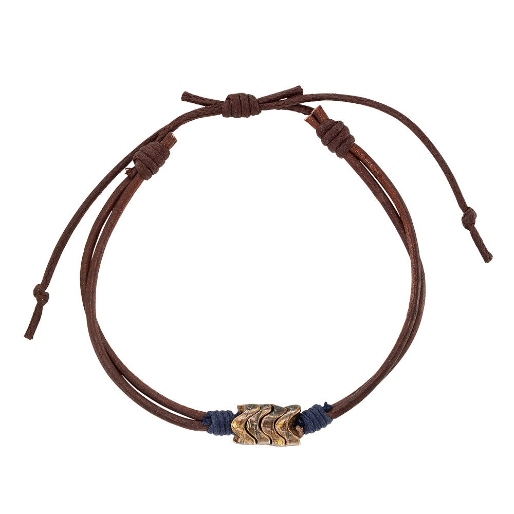 Brown and Black Leather Metal Bead Wave Bracelet