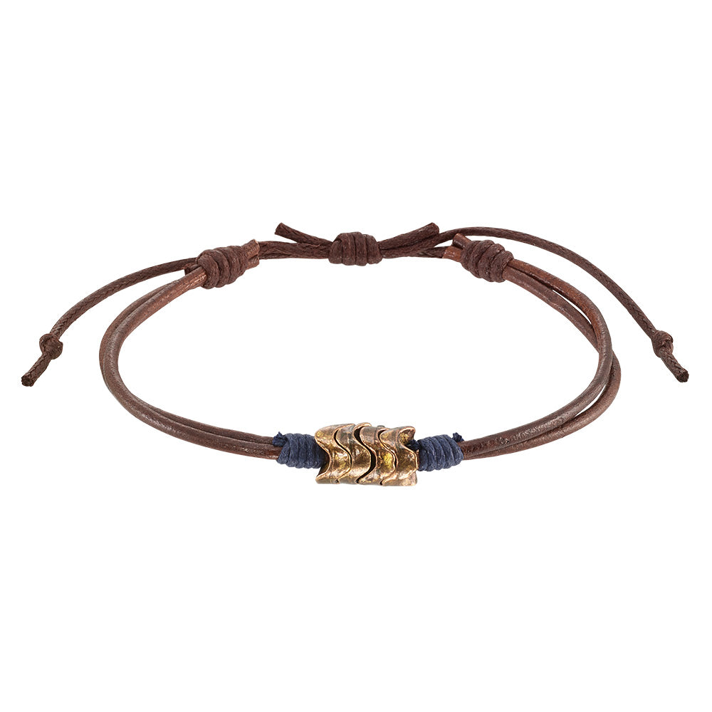 Brown and Black Leather Metal Bead Wave Bracelet