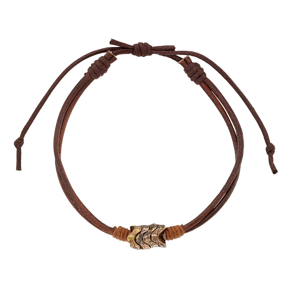 Brown and Black Leather Metal Bead Wave Bracelet