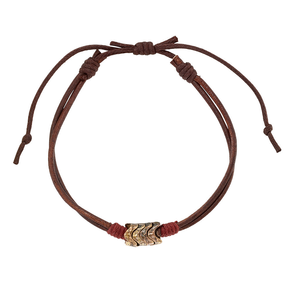 Brown and Black Leather Metal Bead Wave Bracelet