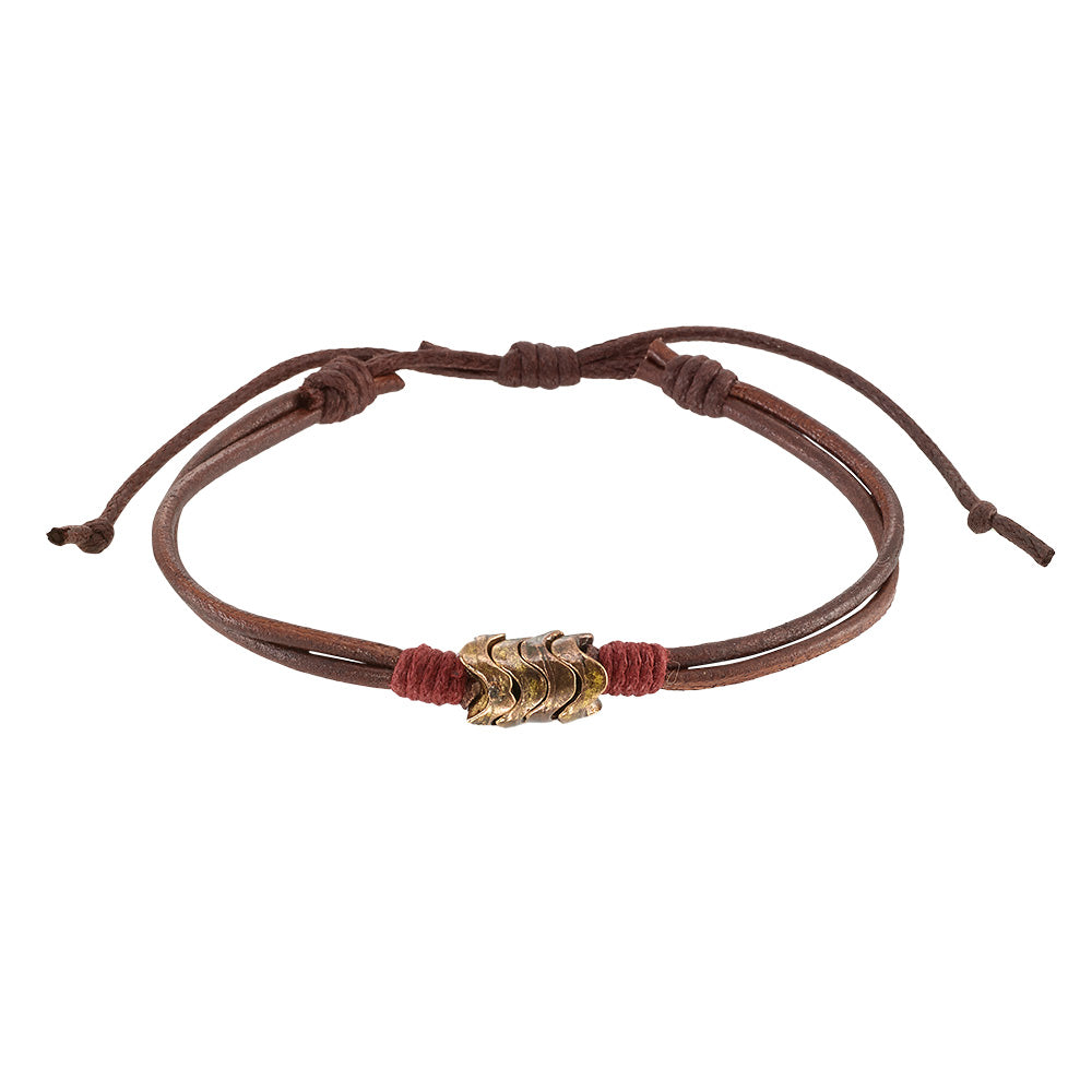 Brown and Black Leather Metal Bead Wave Bracelet
