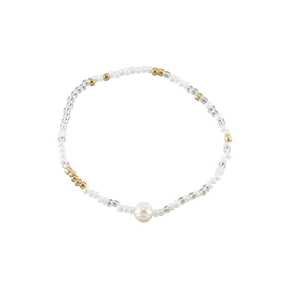Gold/White/Silver Seed Bead Freshwater Pearl Stretch Bracelet