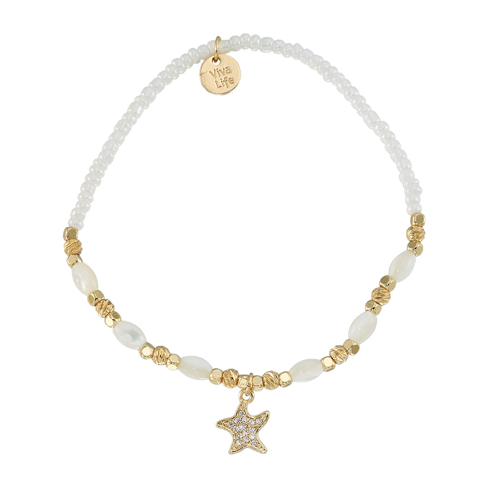 Crystal Starfish Seedbead Mother of Pearl Stretch Bracelet