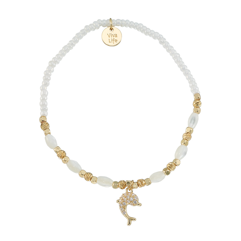 Crystal Dolphin Seedbead Mother of Pearl Stretch Bracelet