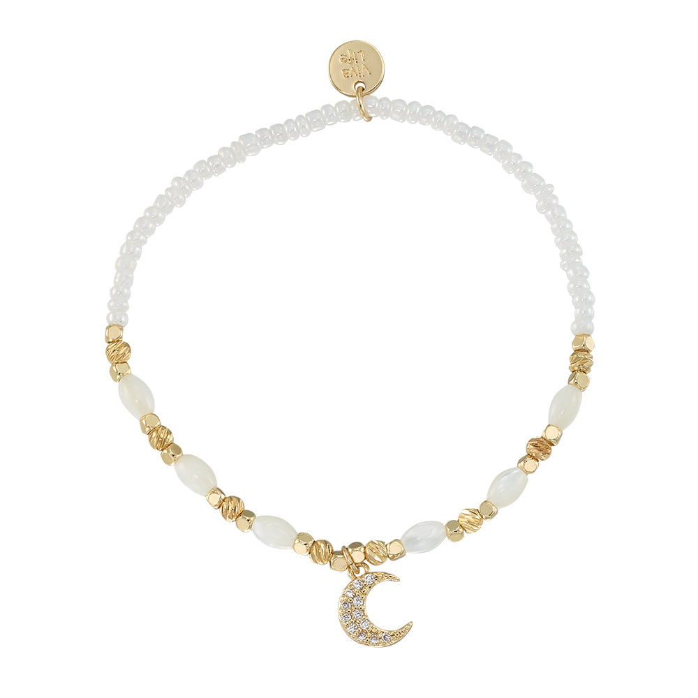 Crystal Moon Seedbead Mother of Pearl Stretch Bracelet