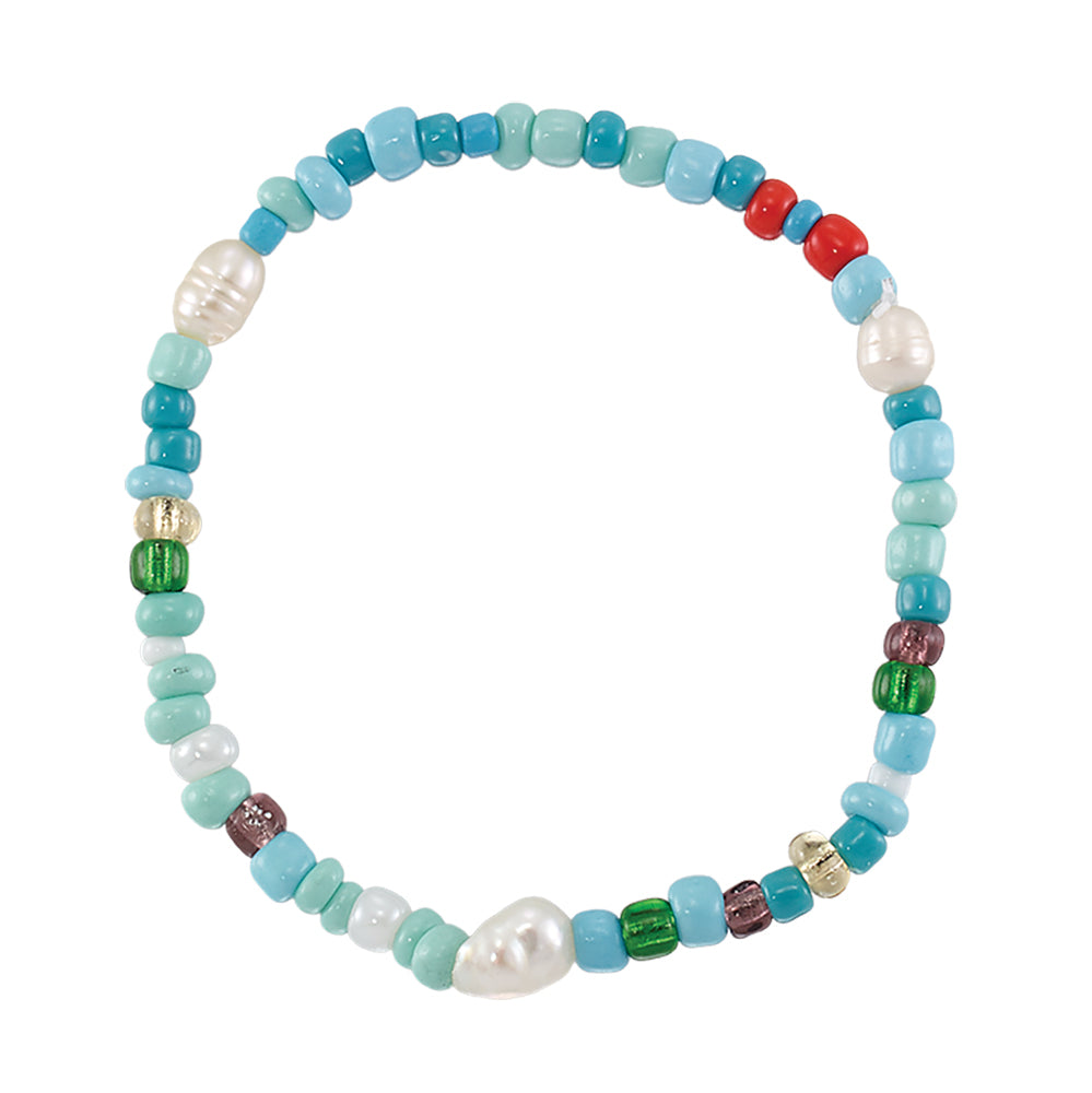 Multi Turquoise Seedbead & Pearl Stretch Bracelet