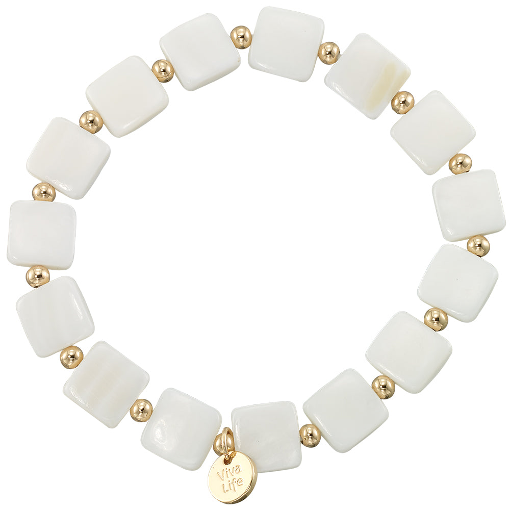 Square Mother of Pearl Metal Bead Stretch Bracelet