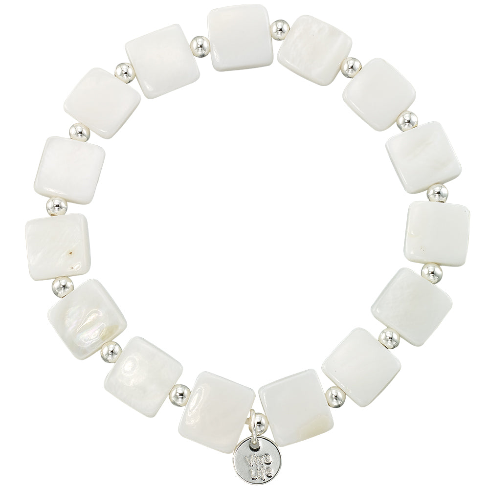 Square Mother of Pearl Metal Bead Stretch Bracelet