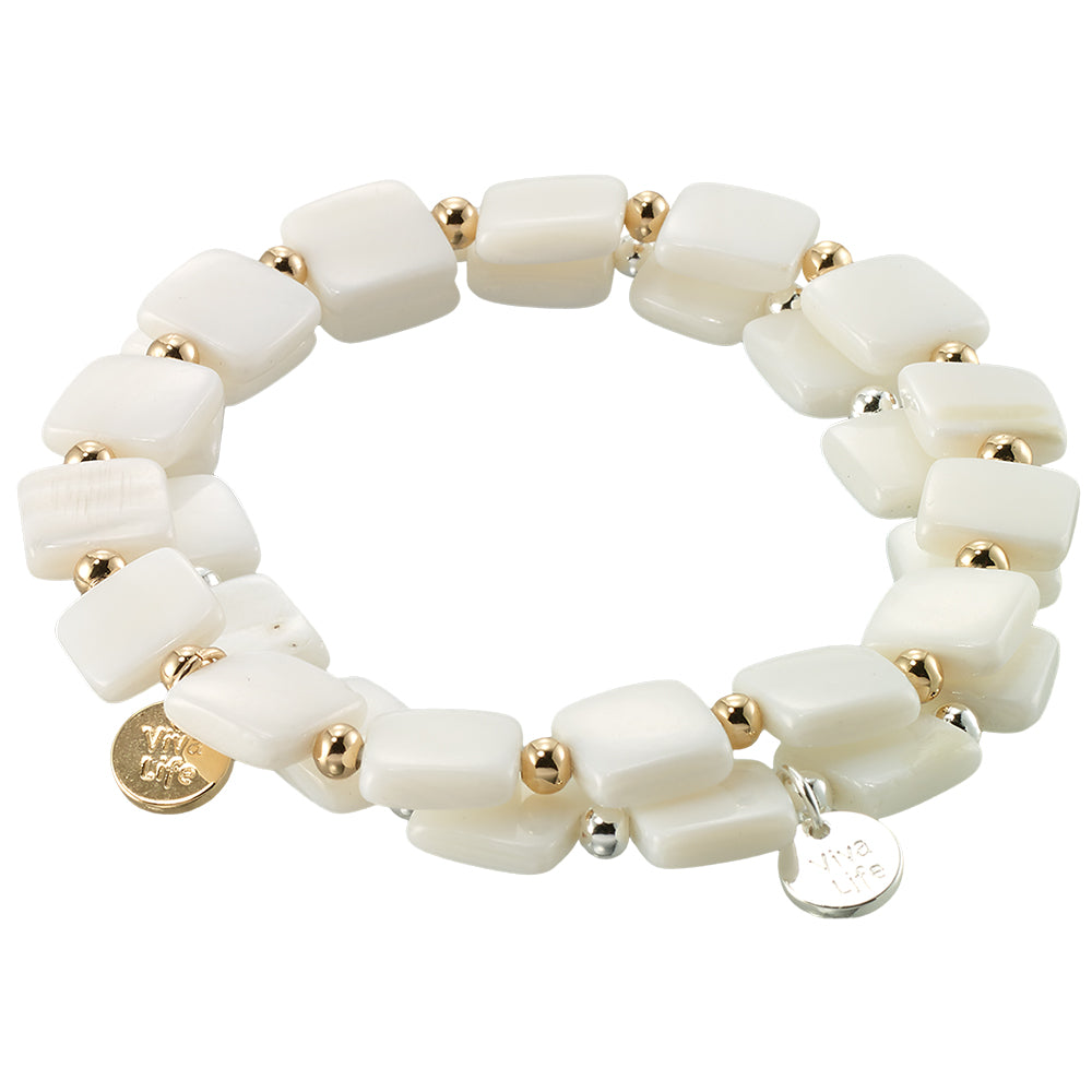 Square Mother of Pearl Metal Bead Stretch Bracelet