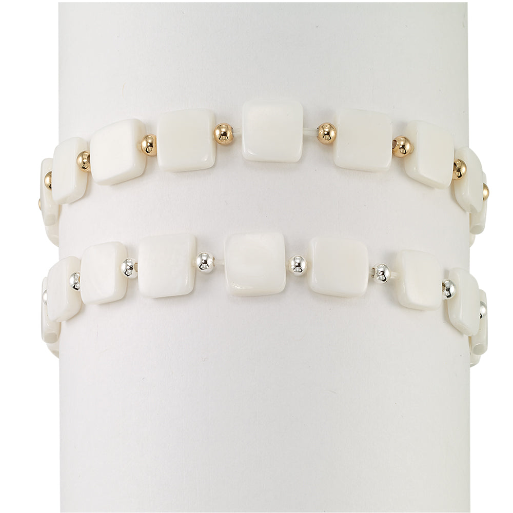Square Mother of Pearl Metal Bead Stretch Bracelet