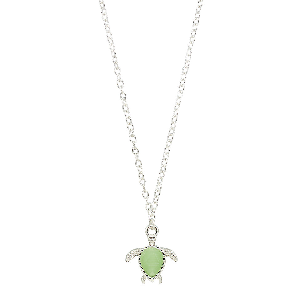 Silver Green Cats Eye Turtle 16" Necklace