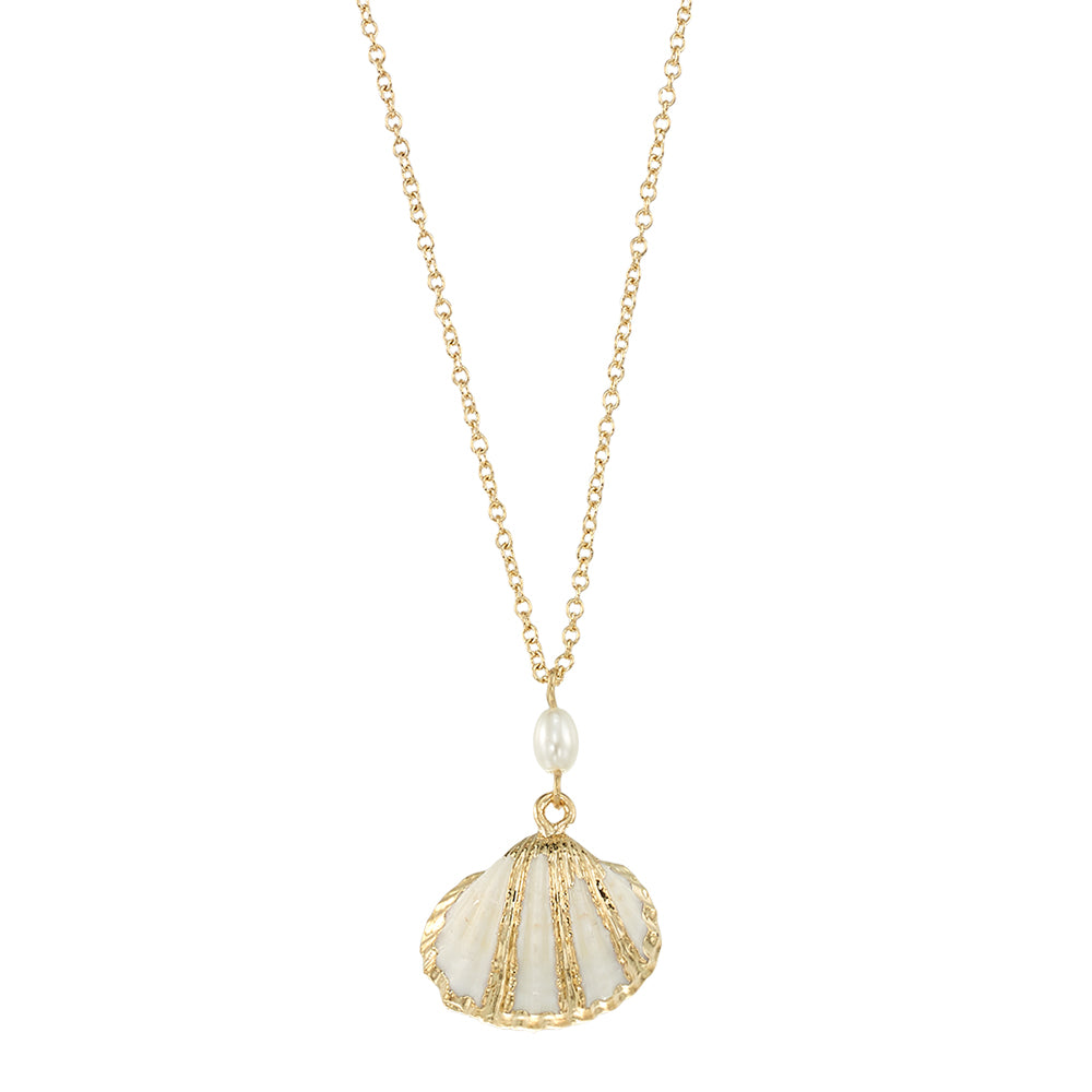 Striped Metallic Shell & Pearl 16" Necklace