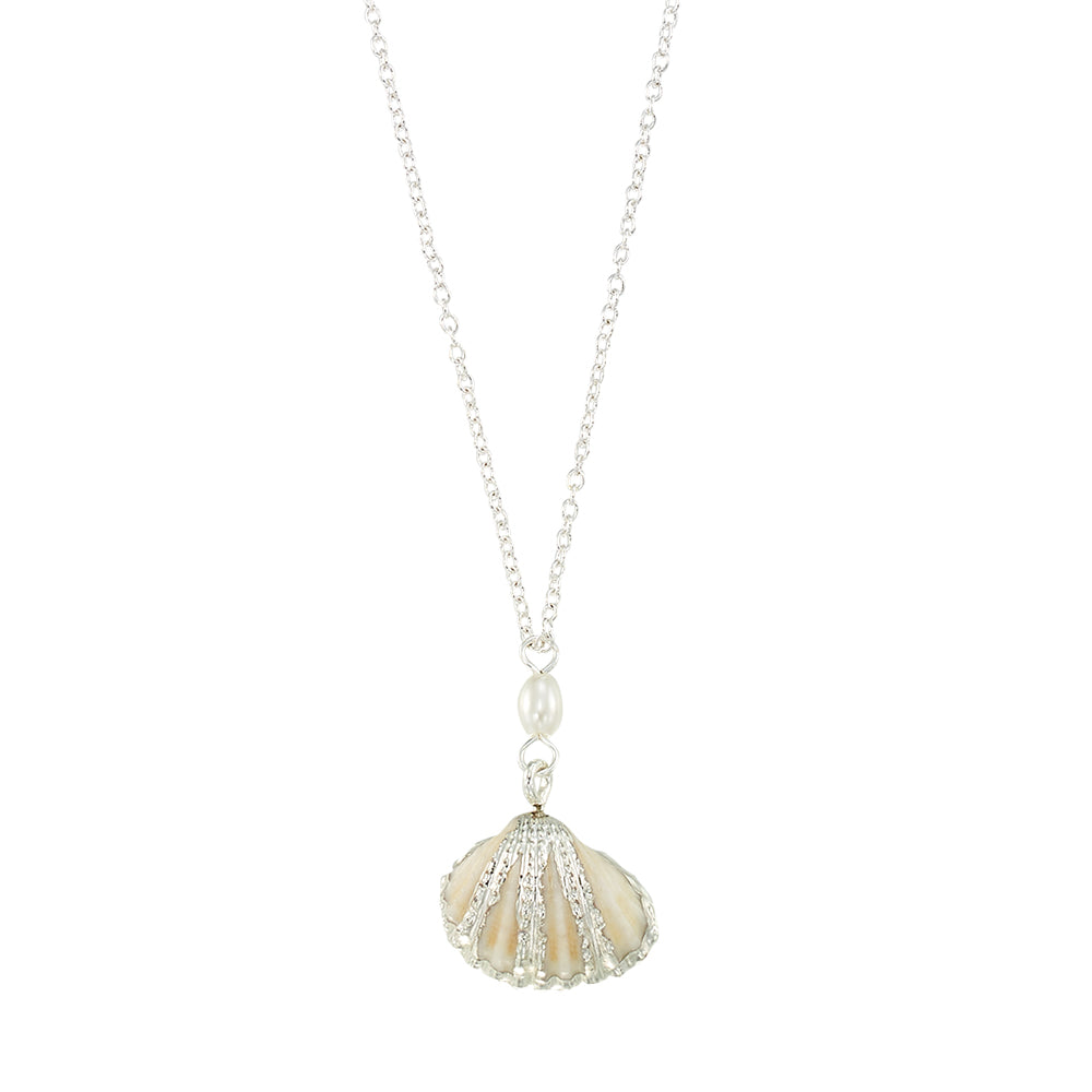 Striped Metallic Shell & Pearl 16" Necklace